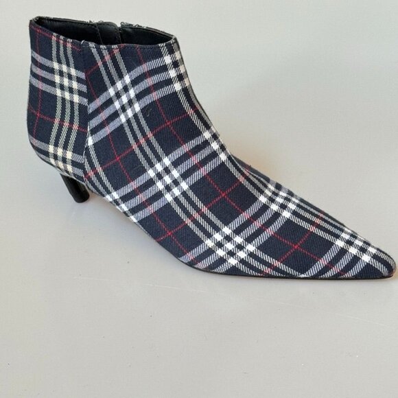 ZARA TRAFALUC Boots Blue White Red Textile Plaid Pointed Toe Ankle Booties - Picture 1 of 14